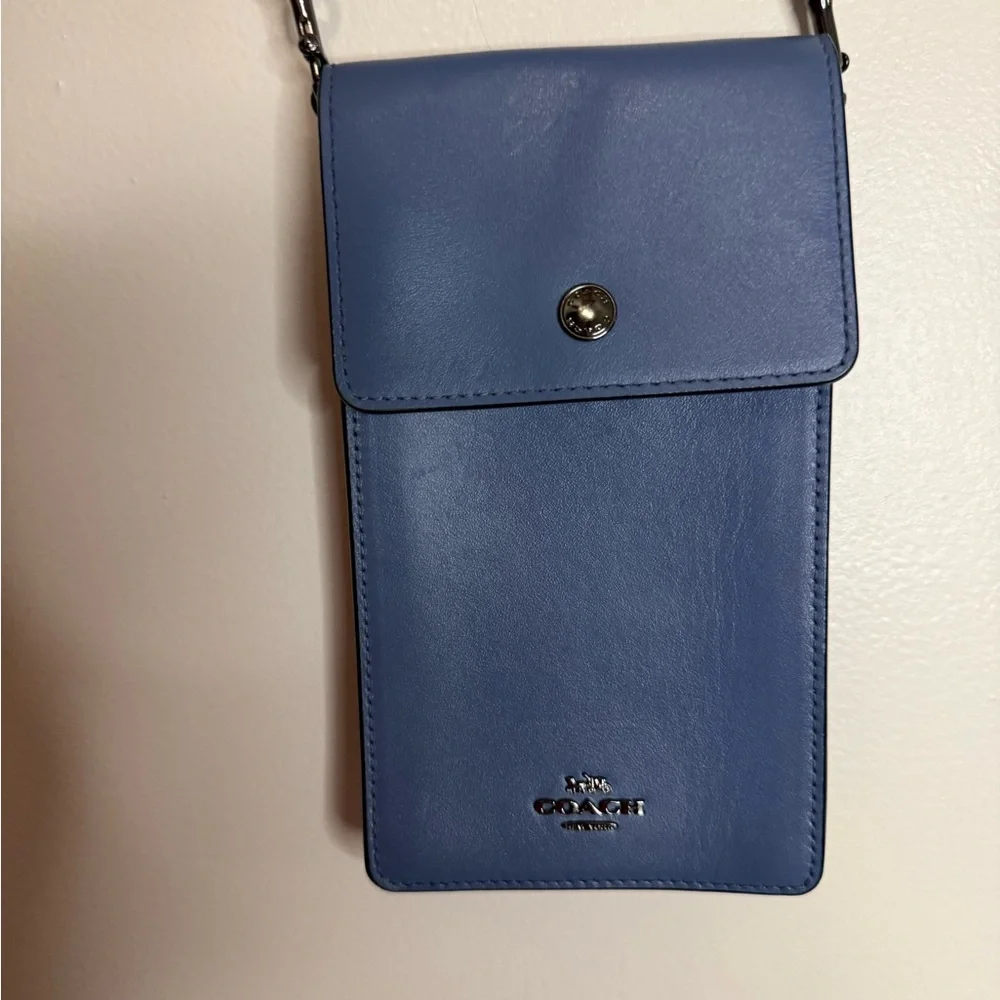 Coach Blue Leather Crossbody Phone Pouch with gunmetal gray Chain Strap